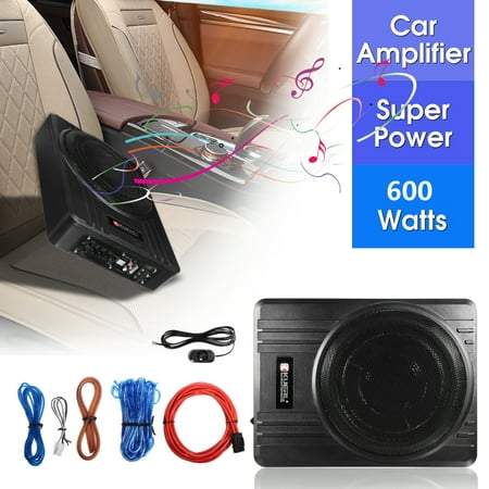 10'' 600W 12V 4Ω Slim Under Seat Car Audio Active Subwoofer Powered Enclosure Powerful Amplifier Sub Woofer Speaker + Wire