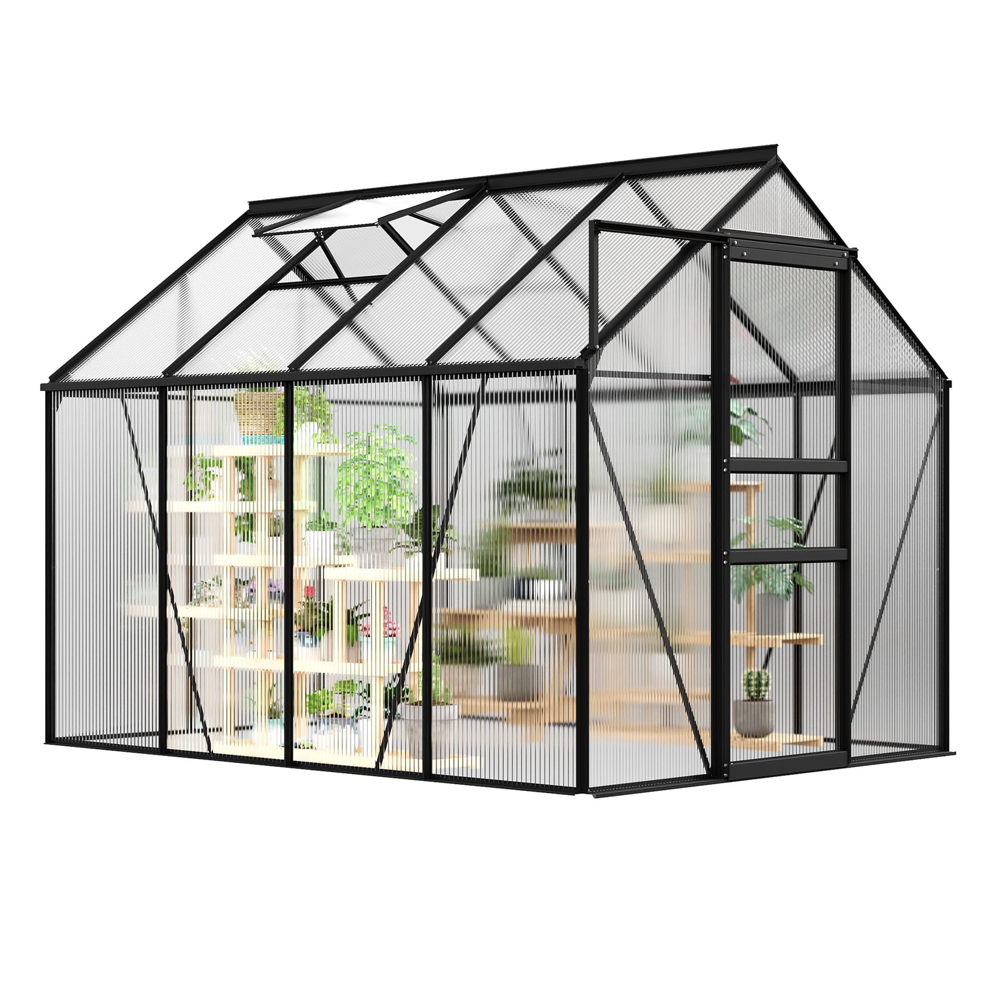 6 x 8 FT Polycarbonate Greenhouse with Aluminum Frame, Sliding Door & Adjustable Roof Vent, Heavy-Duty Outdoor Greenhouse for Backyard, Garden, Patio