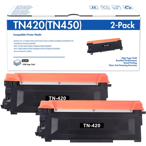 TN420 TN450 Toner Cartridge Compatible for Brother TN450 TN420 TN-450 TN-420 Toner Cartridge for MFC-7360N MFC-7860DW HL-2230 Printer (2 Black)