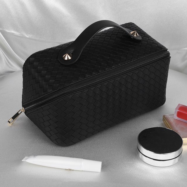 Bolsa de maquillaje de cuero PU Cremallera a cuadros con asa y divisor Tejido plano Lay