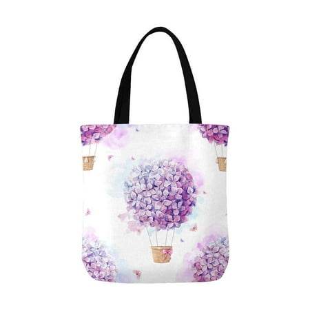 ASHLEIGH Watercolor Purple Hydrangeas Balloon Flowers with Butterfly Canvas Tote Canvas Shoulder Bag Resuable Grocery Bags Shopping Bags for Women Men