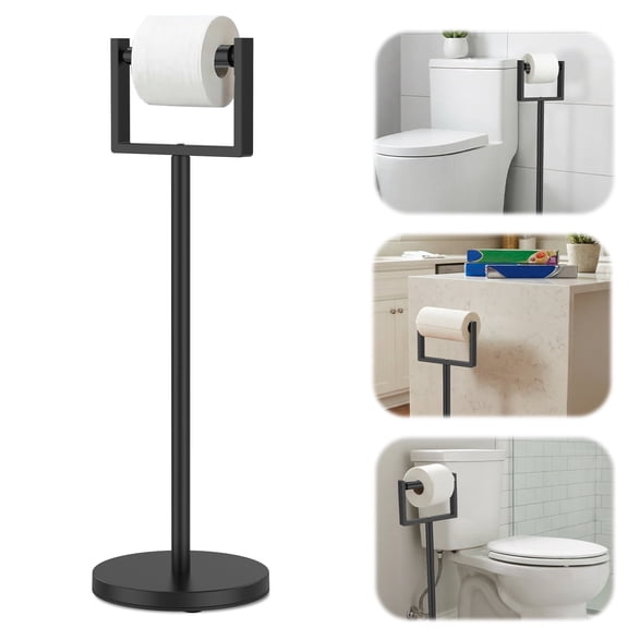 Austok Heavy Duty Toilet Paper Holder Stand Extra Weighted Base No Tipping Stainless Steel Toilet Paper Stand Free Standing Floor Toilet Paper Roll Holder for Bathroom, Matte Black