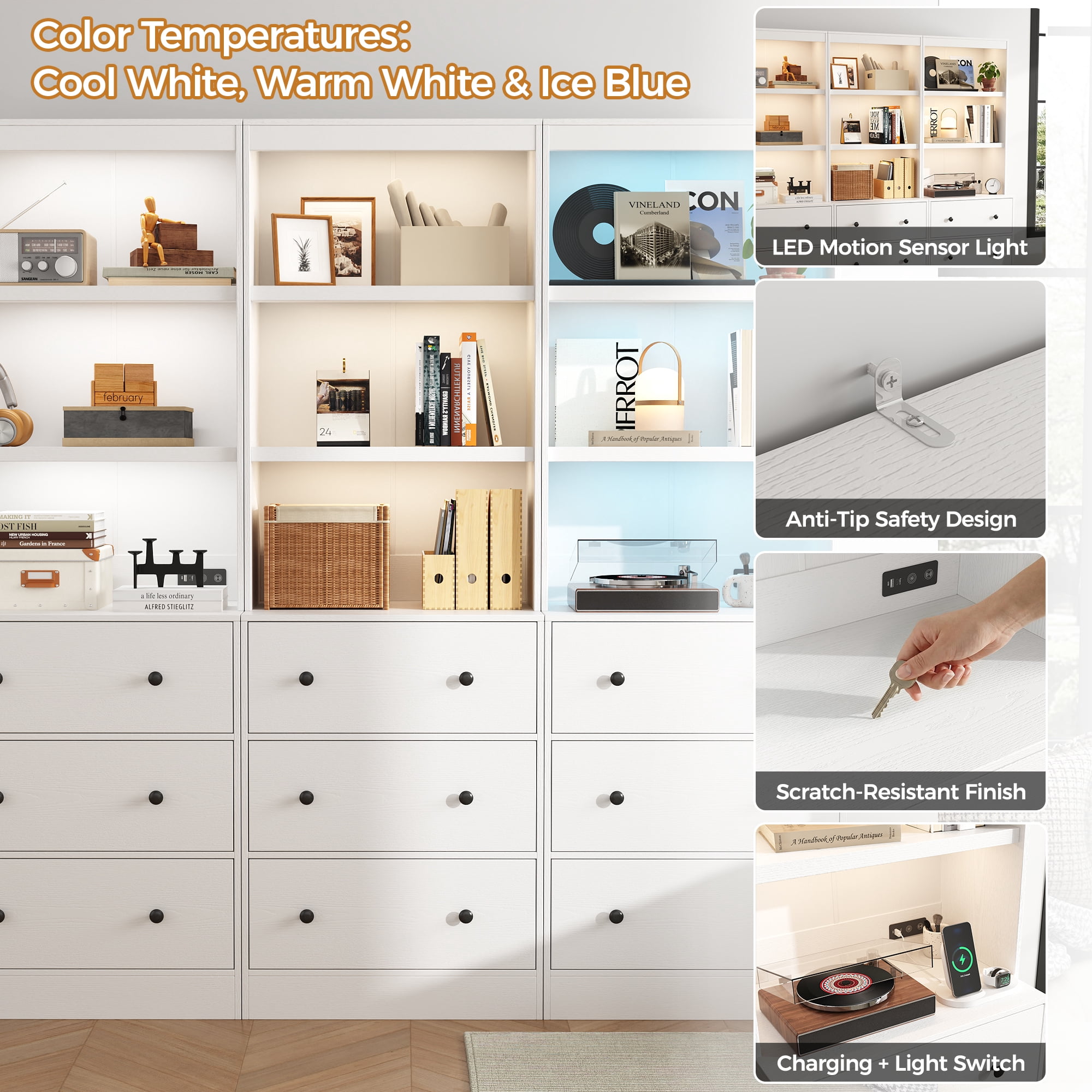 IDEALSOUL 71” Tall Bookshelf with Drawers, White Wooden Bookcase with Charging Station & LED Lights, Freestanding Display Cabinet with Shelves & Large Storage Space for Living Room, Office, Bedroom