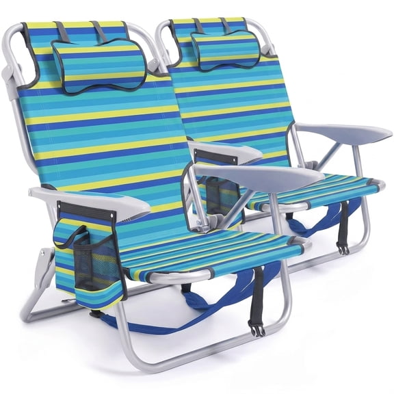 2pc Adults Backpack Folding Beach Lounge, 5 Position Lay Flat Recliner with Armrest, Headrest & Side Pockets, 3 Colors for Beach Pool Camping