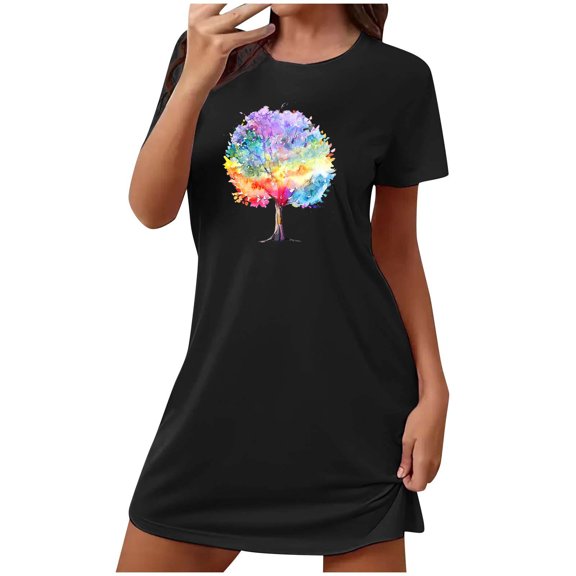 HomeGardon Women's Sleepwear Nightgowns for Women,Fashion Print Medium Length Dress Oversized Short Nightgown Fashion Chest Print Short Sleeve Nightdress,S-XXL