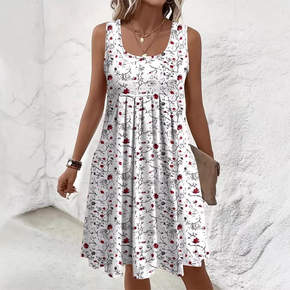 Morttic Plus Size Women Floral U-Neck Pleated Sleeveless Tank Sundress Loose Flowy A-Line Summer Casual Beach Dress White,S