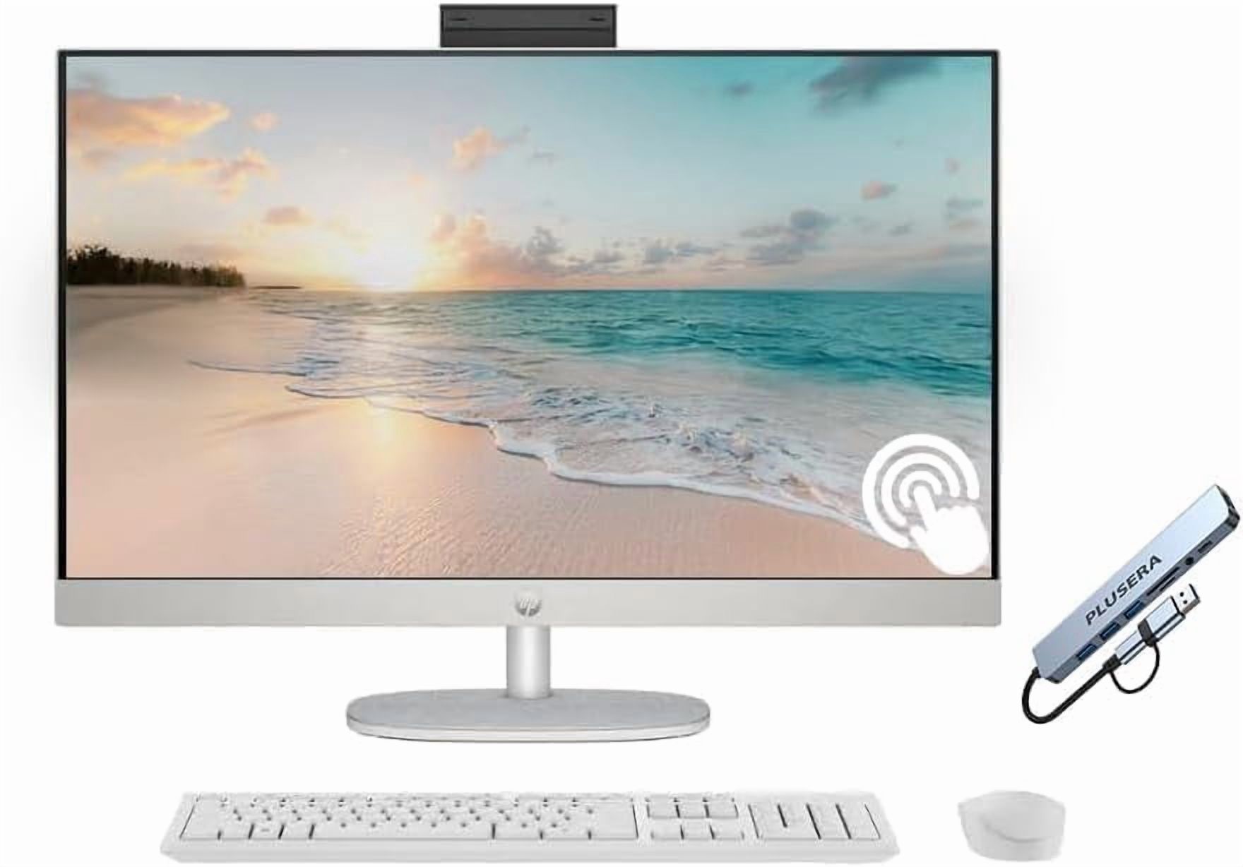 HP 27" FHD Touchscreen All-in-One Desktop Computer, Quad-Cores Ryzen 5 7520U, 16GB RAM 512GB SSD, Windows 11, Wireless Keyboard & Mouse, PLUSERA 8-in-1 Hub Included, White
