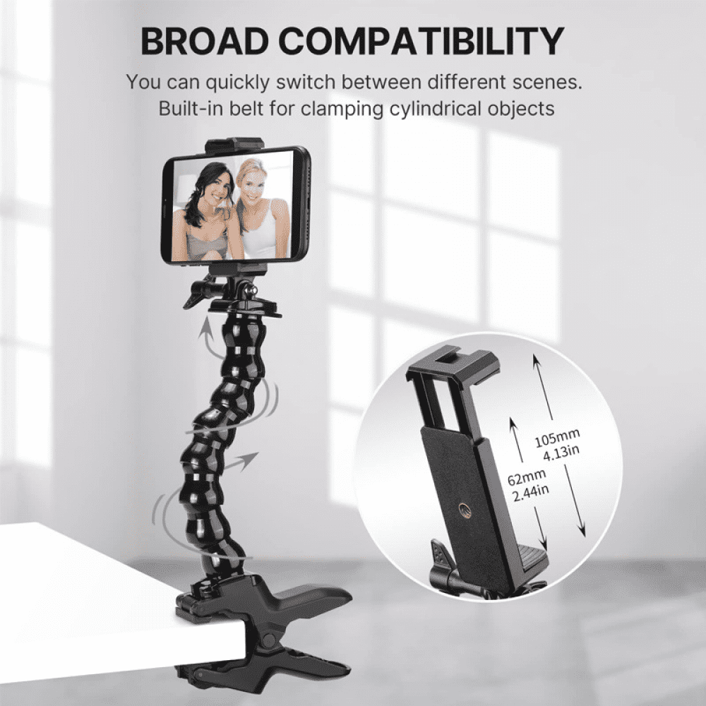 Adjustable Gooseneck Phone Holder Clamp - Desk/Table Mount Stand With Stability Clip for Devices 2.4-4.3'' - Compatible with iPhone/Samsung Models-Black