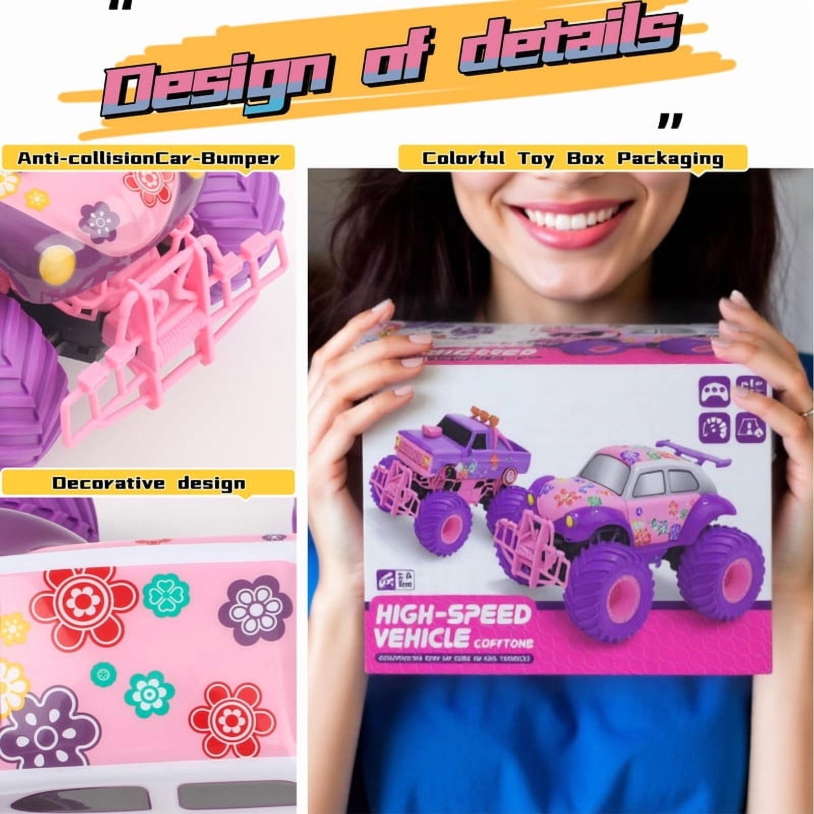Funtogether Toys 1:16 Scale 2.4GHz RC All-Terrain Off-Road Monster & Beetle Bug Cars – Remote Control Toys for Girls Ages 6-12 (Pink & Purple) with Box