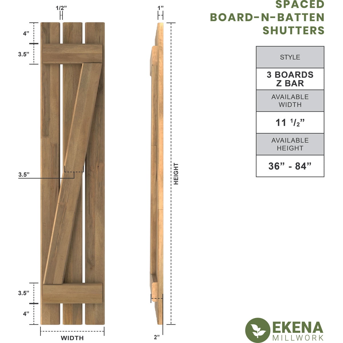 Ekena Millwork 11 1/2"W x 54"H Americraft Three Board (2 Batten) Exterior Real Wood Spaced Board-n-Batten Shutters w/ Z-Bar (Per Pair), Raisin Brown