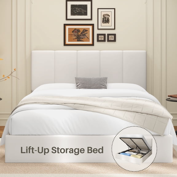 Frostbloom Queen Size Lift-Up Storage Platform Bed frame with Velvet Upholstered Headboard, Off-White
