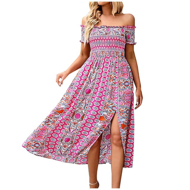 EQWLJWE Robes d'Été pour Femmes 2023 Mode Féminine Décontractée Printemps et Été Robe Sans Manches à Épaules Dénudées Robe à Imprimé Floral Liquidation Robes pour Femmes