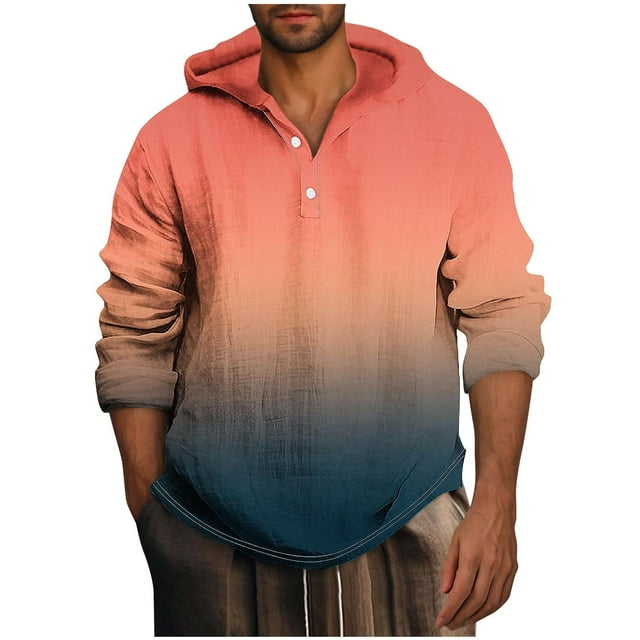 ameIAEA Mens Fall Hooded Sweatshirts Long Sleeve Button Pullover Tops Gradient Color Casual Shirts
