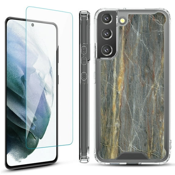 Shockproof Bumper Phone Case for Samsung Galaxy S22  / S22 Plus 5G, with Tempered Glass Screen Protector, by OneToughShield ® - Marble/Camo