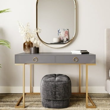 Home Office Two-Drawers Computer Desk Vanity Table, Wood And Metal Gray and Gold