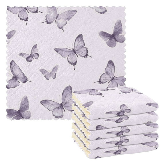6 Pieces of Kitchen Towels 11x11Inch Kitchen Dish Cloths Kitchen Dish Towels Reuseable Cleaning Cloths Pretty Purple Lovely Butterfly