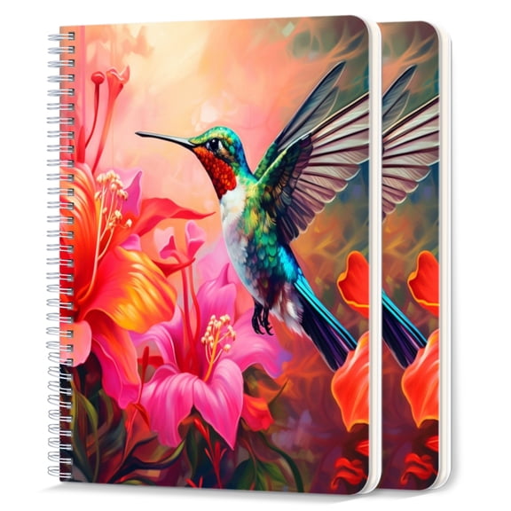 Spiral Notebook,College Ruled Journal,8.26" x 5.71" 50 Sheets/100 Pages,2 Pack - Beautiful Hummingbird Hovers Among Colorful Flowers