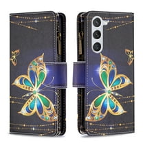 Dteck Zipper Wallet Case for Samsung Galaxy S24,Magnetic Leather Pattern Card Slots Case Shockproof Rubber Kickstand Full Body Protective Bag Cover,Gold Butterfly