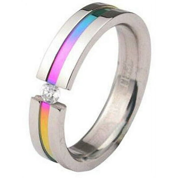 Pride Shack - Rainbow Anodized Tension CZ Ring LGBT Lesbian Gay Pride Ring Steel