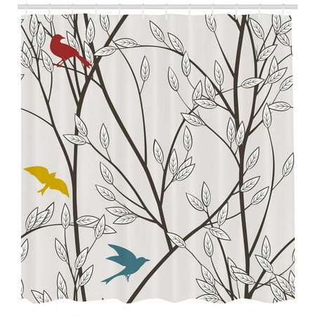 Nature Shower Curtain Birds Wildlife Cartoon Like Image With Tree