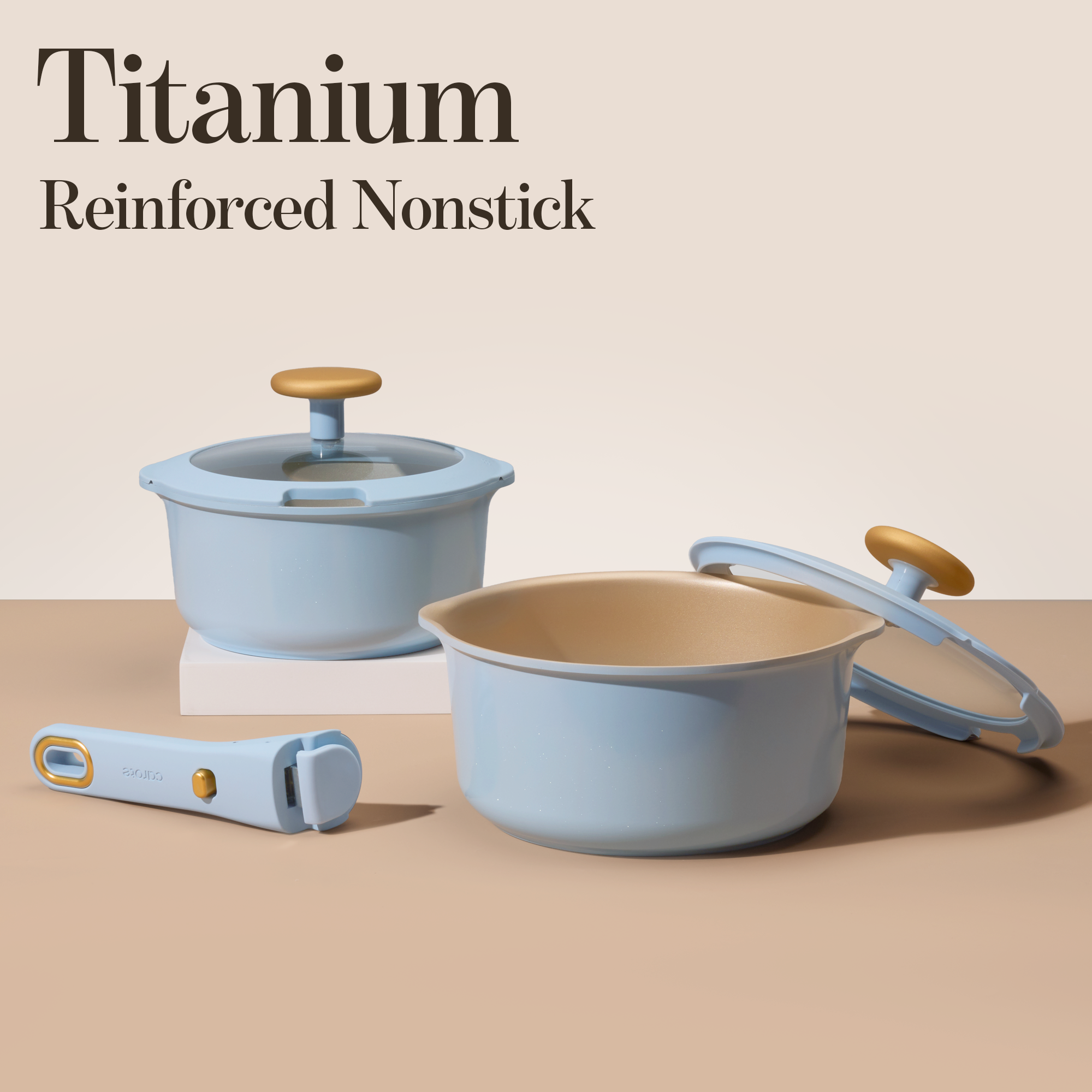 Carote 8 Pcs Nonstick Pots Set w/Lids & Detachable Handle, 2QT & 3QT Saucepans w/Pour Spout, Dishwasher Safe, Oven/Induction Compatible Cookware, Blue