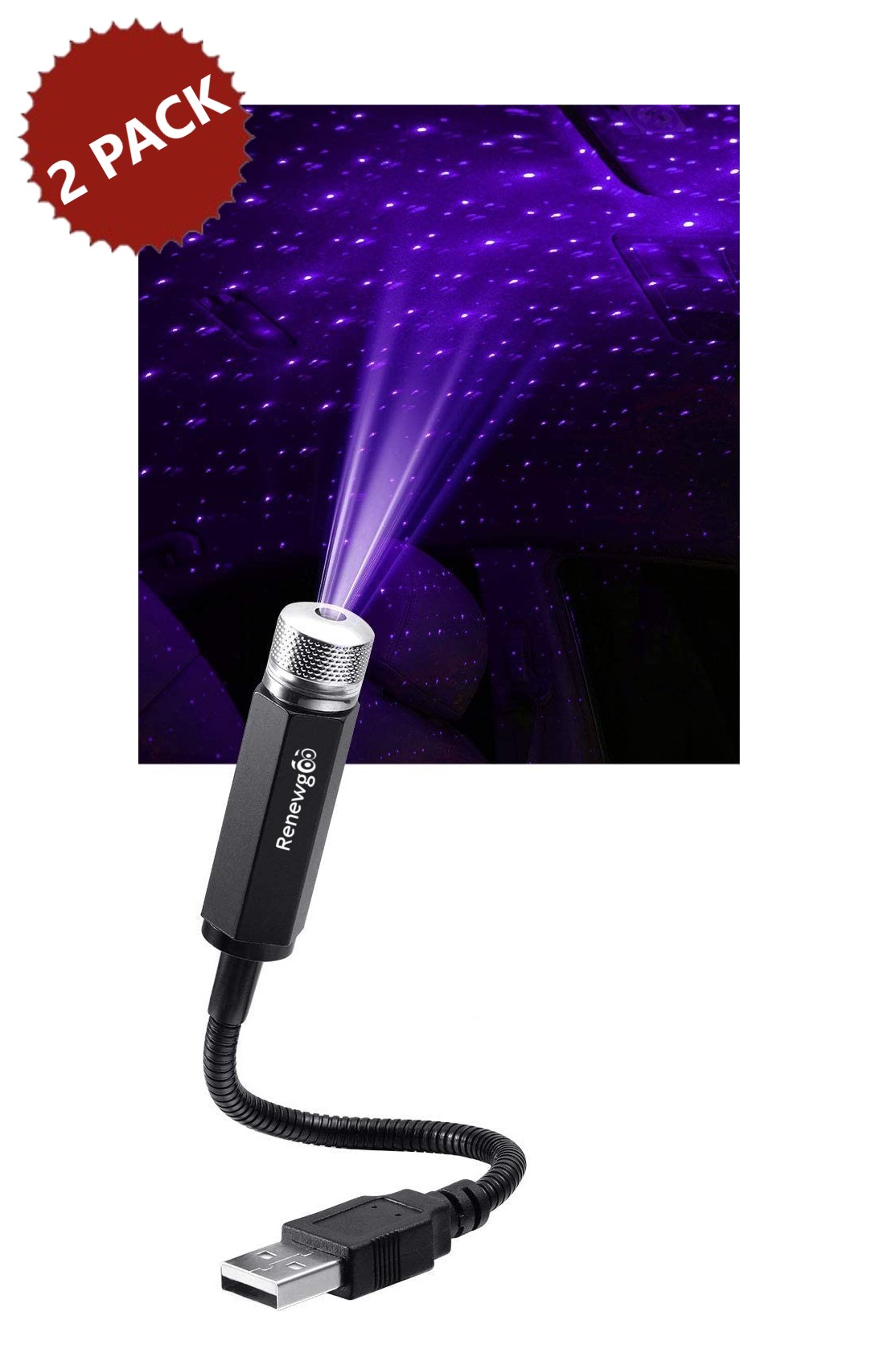 2PACK Renewgoo Universal USB LED Star Projector Neon Ambient Car Roof