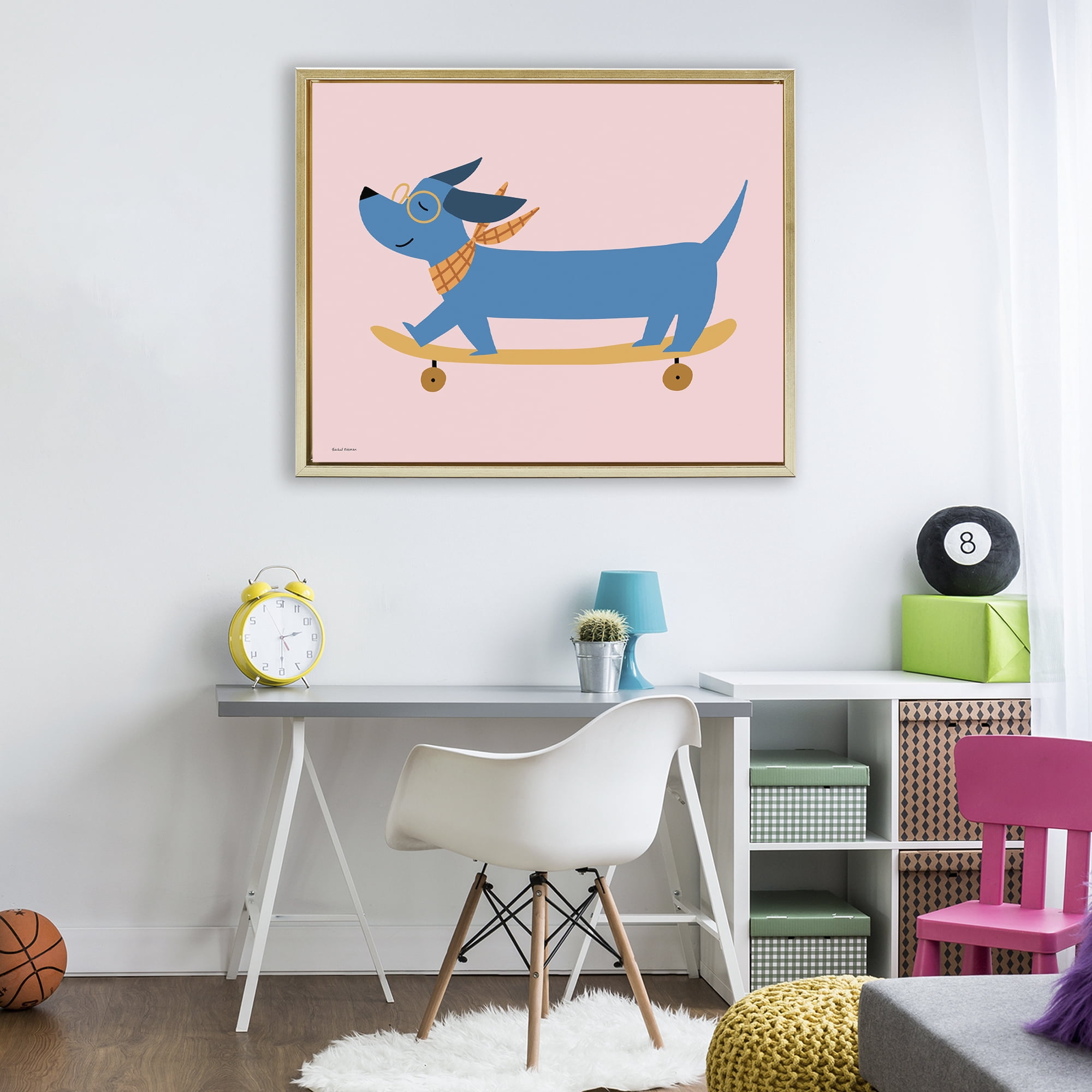 Stupell Industries Skateboarding Wiener Dog Gold Framed Floater Canvas Wall Art, design by Rachel Nieman