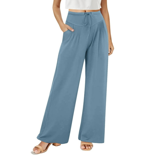 Ladies Casual Pants Thin Breathable Solid Color Loose Fit Casual Drawstring Pleated Pants Womens Work Pants Light Blue M