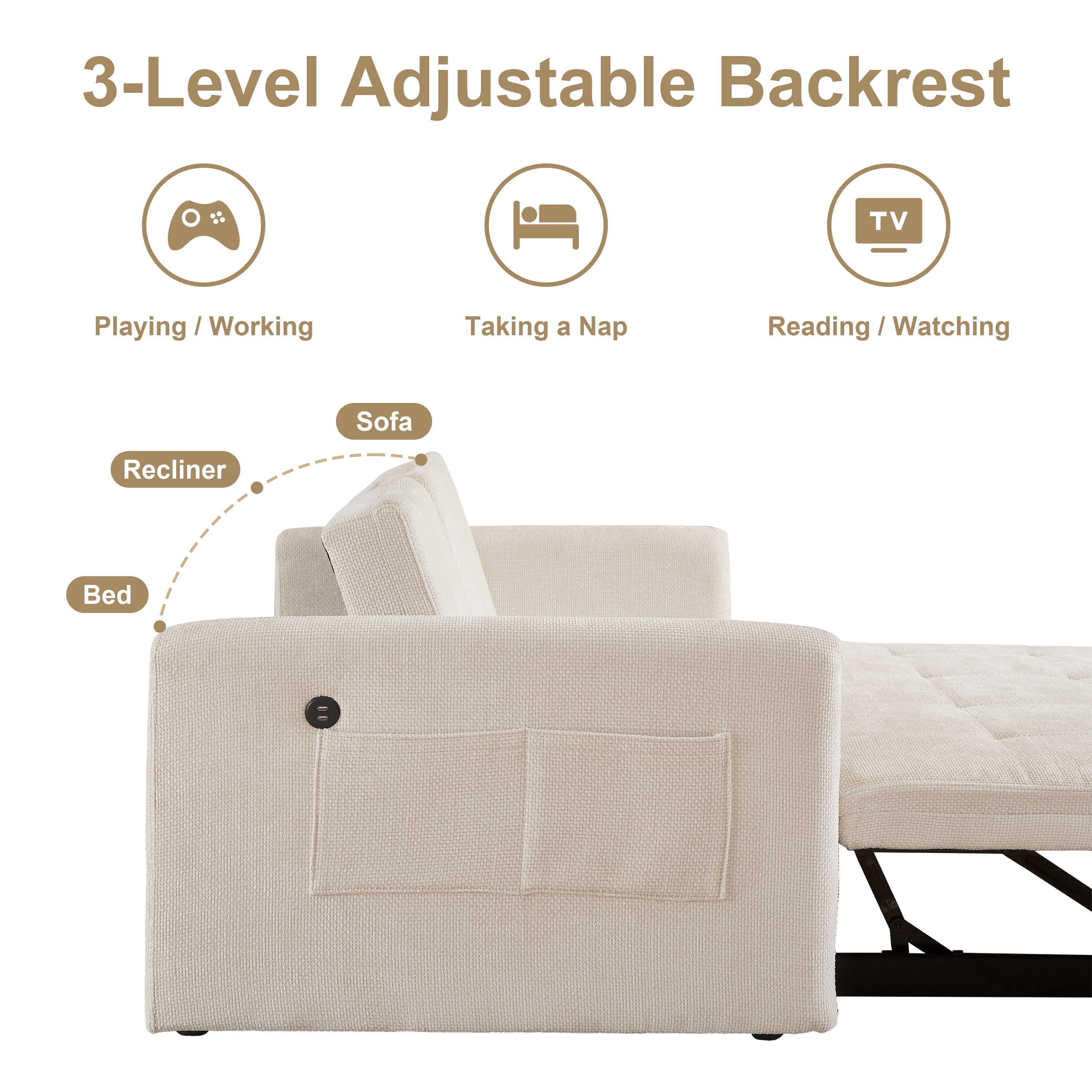 Noodeniya 57" 3 In 1 Convertible Sleeper Couch Bed with two cup holders, pull out sofa bed with USB and Side Pocket, Beige
