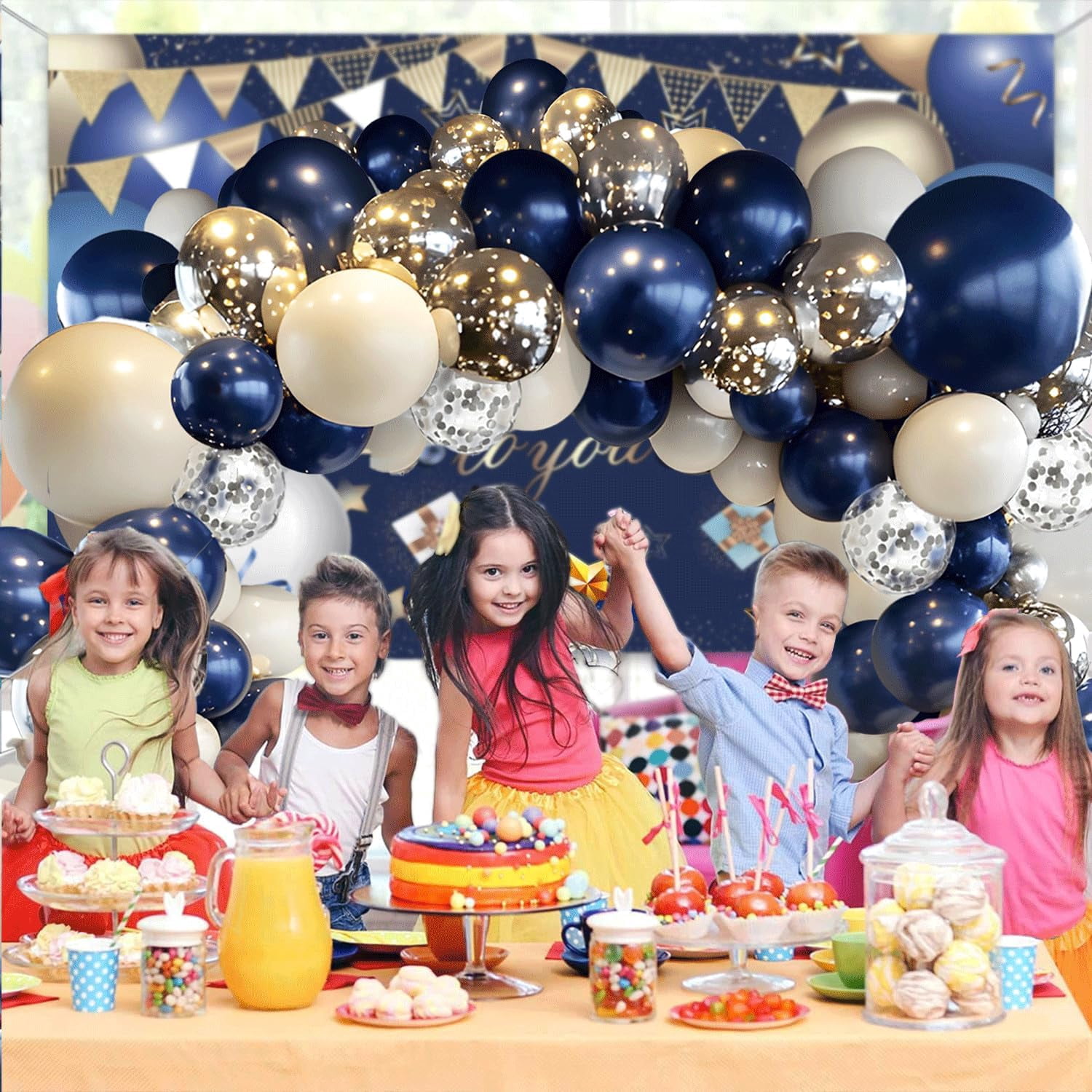 Navy Blue Silver Balloons Arch Kit, Double Stuffed Pearl White Royal Dark Blue Silver Chrome with Confetti Balloons Garland Kit for Birthday Wedding Graduation Father's Day Decorations
