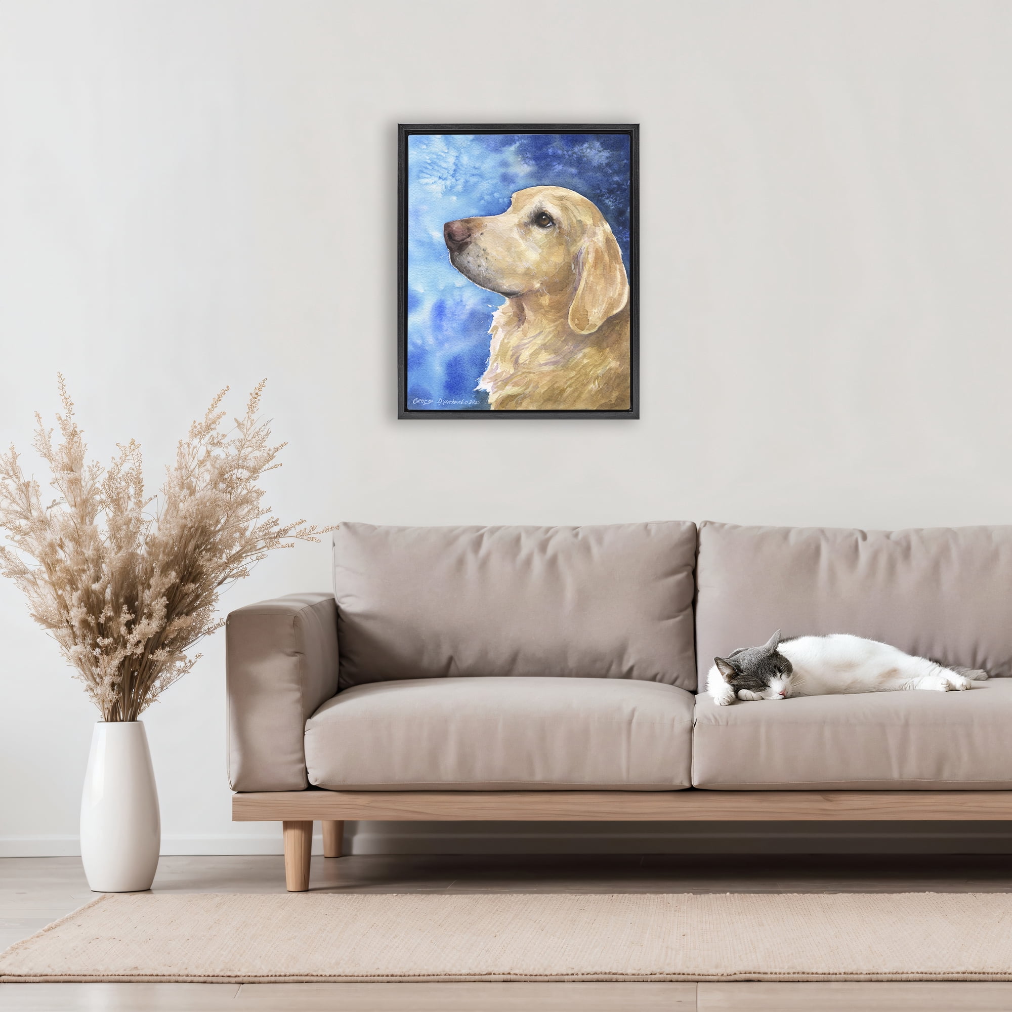 Stupell Industries Golden Retriever Portrait on Azure Black Framed Floater Canvas Wall Art, design by George Dyachenko