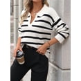 thumbnail image 3 of Women'S Striped Sweater Trendy V Neck Long Sleeve Knit Pullover Loose Jumper Tops Knitwear White M, 3 of 7