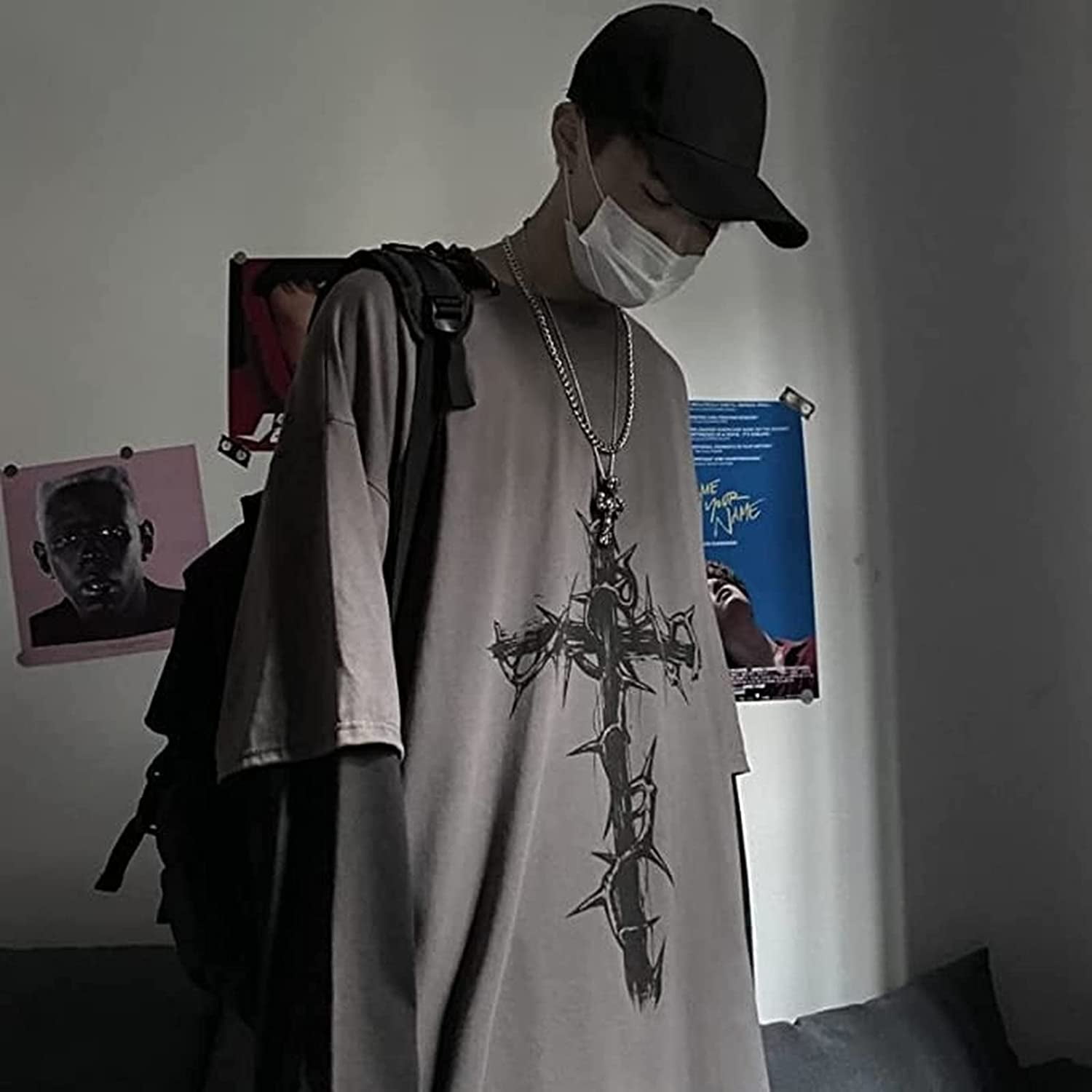 DanceeMangoo Men Women Y2K Skeleton Top Shirts, Crucifix Cross Dark  Academia Punk Reflective Korean Clothes Gothic Grunge Sweatshirt