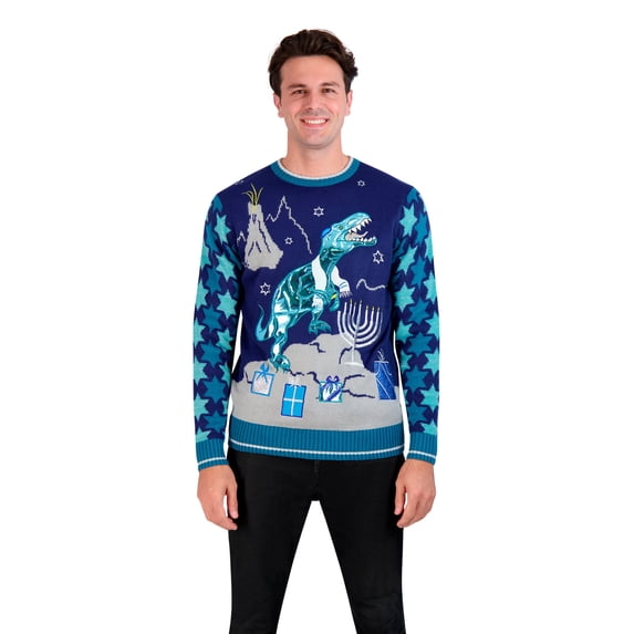 Holiday Hype Men's Festive Ugly Christmas Holiday Party Pull Over Sweater, Menorahsaurus, Small