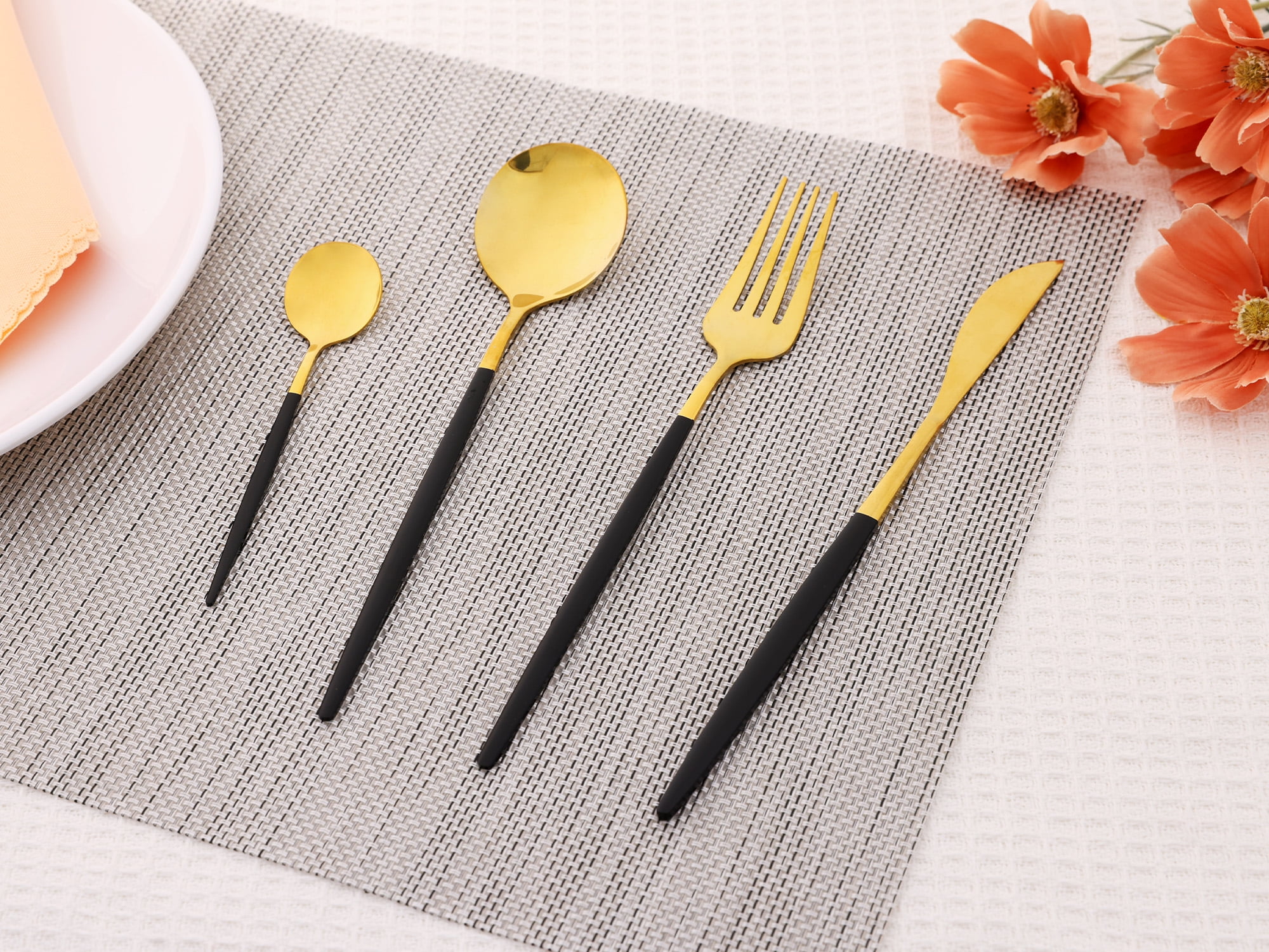 Unique Bargains 16 Pcs Stainless Steel Flatware Set Mirror Polished Cutlery Set Black/Gold