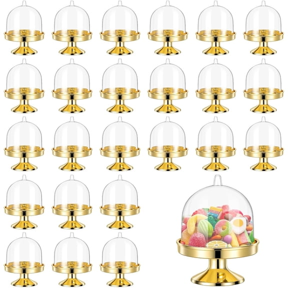 12 Pcs Clear Mini Cake Stand with Dome Plastic Mini Cupcake Domes with Lids (Gold)