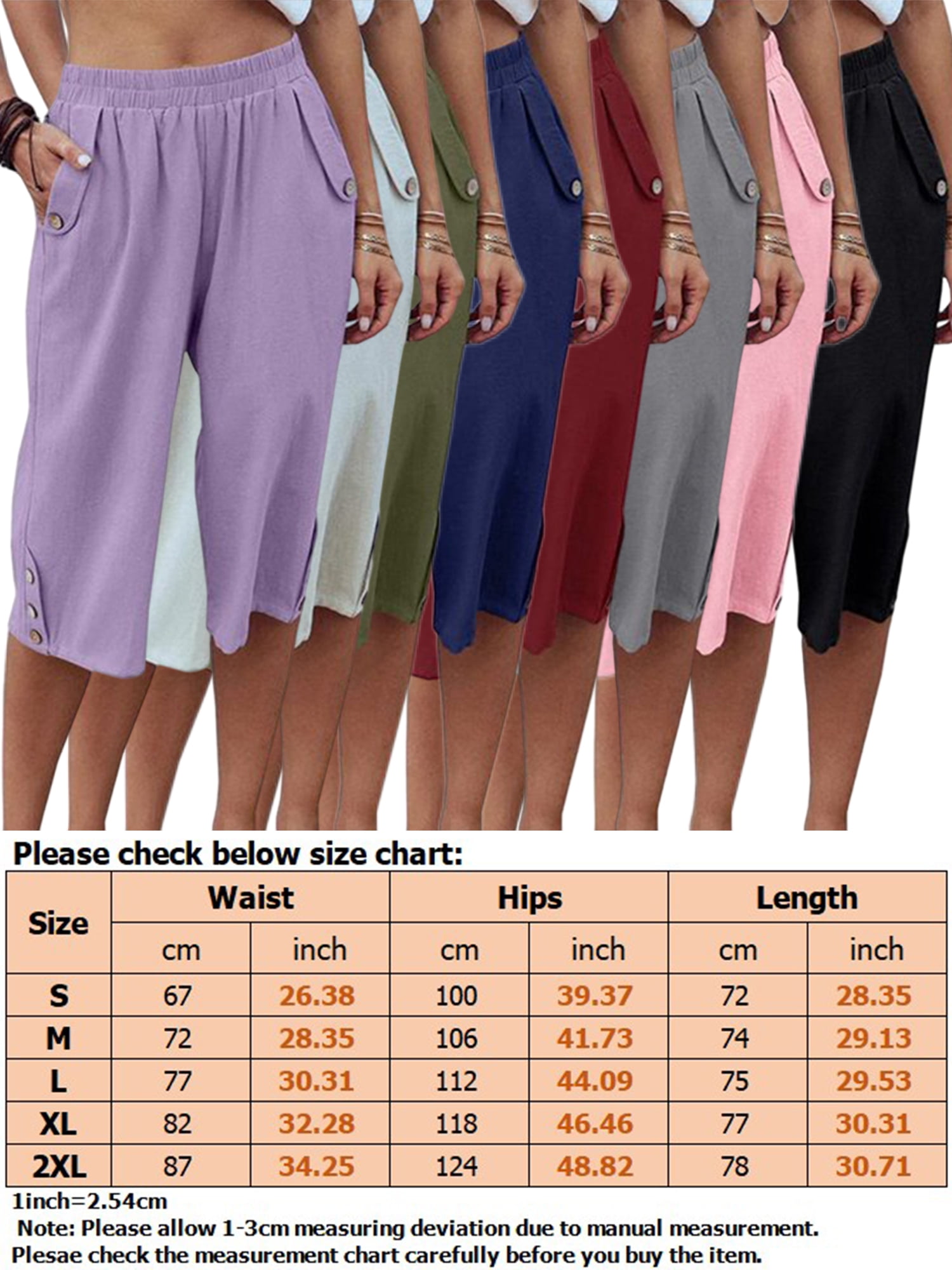 Niuer Women Elastic Waist Capris Casual Solid Color Cropped Pants Ruched  Loose Linen Capris For Women Loungewear Purple XL 