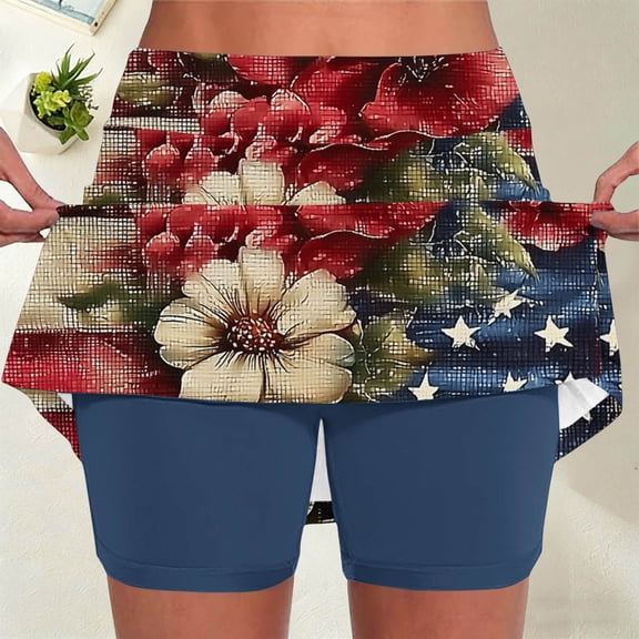 DailyTrove Women Vintage American Flag Floral Swim Skort Patriotic High Waist Quick Dry Swim Skort with Built-in Shorts