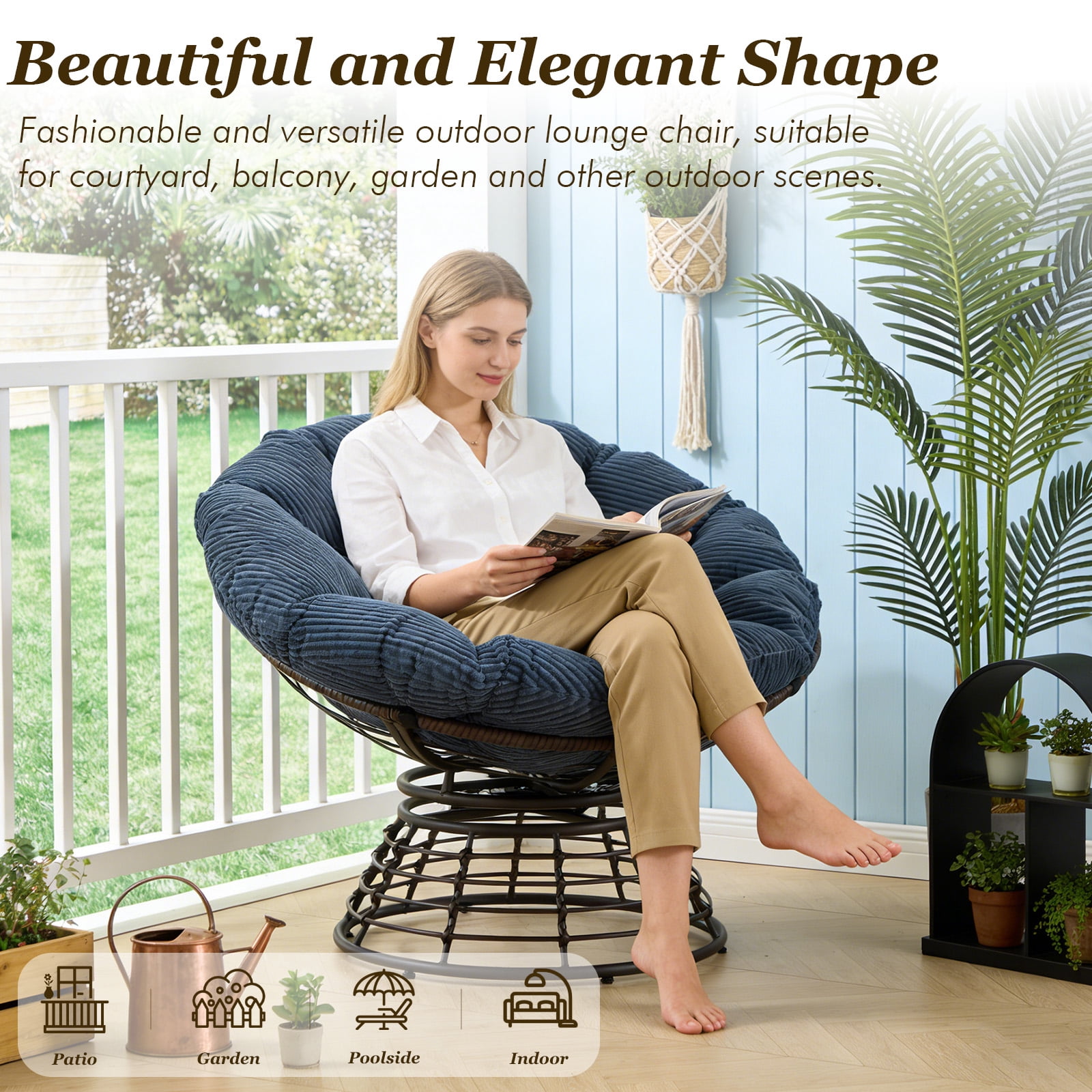 MOONMISS 360° Swivel Wicker Papasan Chair with Soft Thick Cushion for Living Room,Navy Blue