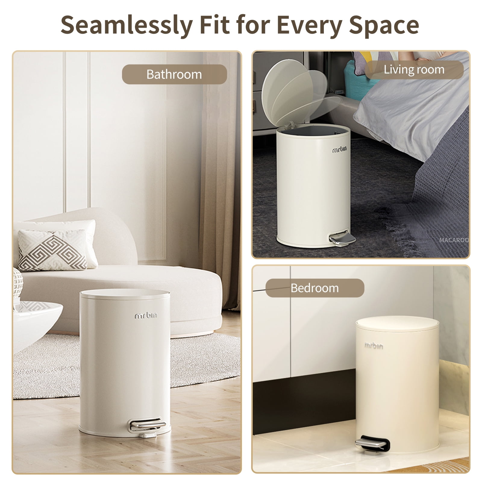 MRBIN Small Metal Bathroom Trash Can with Lid, Step Waste Basket for Bedroom, 6L / 1.6gal Round Garbage Pail Kitchen with Plastic Inner Bucket and Stainless Steel Pedal, White