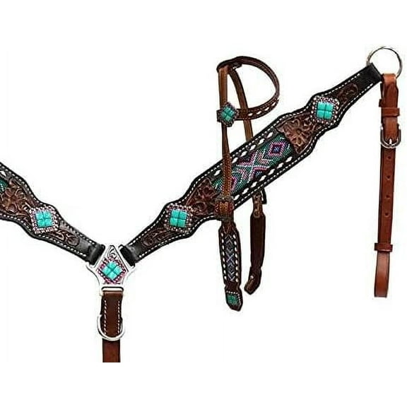 Western Headstall Breast Collar Reins & Wither Straps Tack Set Cowhide Leather Handmade Beaded Tooled Carved Horse Saddle Riding Tooling Carving Equestrian Size Full