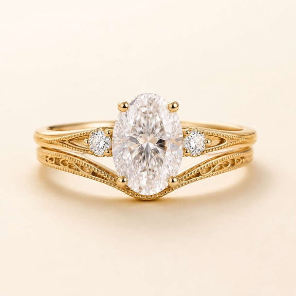 vylahjewellery 1.20 CT Oval Moissanite Ring, Engagement Ring for Women, Vintage Art Deco 2 Piece Bridal Set Ring