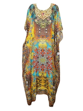 Mogul Women's Blue Yellow Jewel Print Digital Kimono Maxi Caftan Multi-Print Beach Coverup Loungewear Maxi Dress One Size