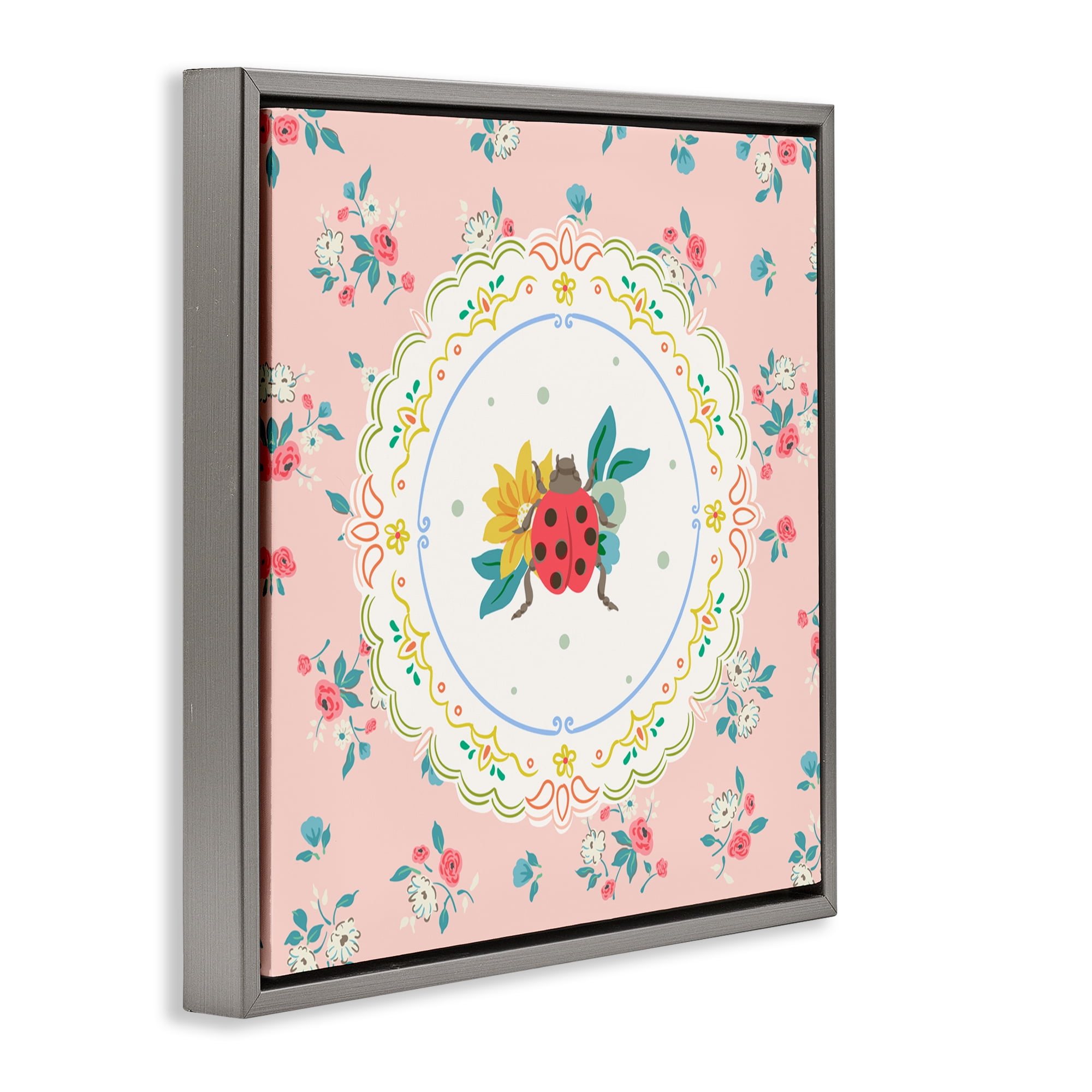 Spring Lady Bug Lace Pattern Gray Framed Floater Canvas Wall Art, design by Angela Steahling
