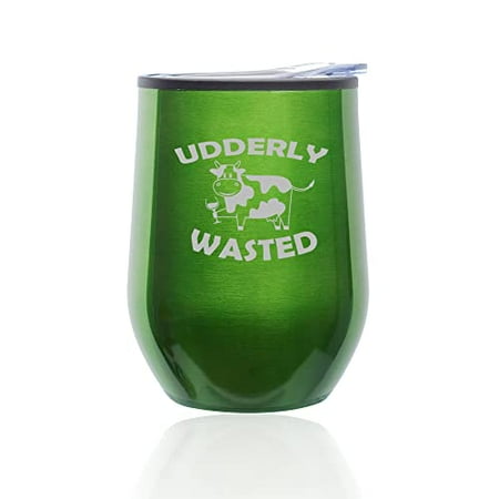 

Stemless Wine Tumbler Coffee Travel Mug Glass with Lid Udderly Wasted Cow Funny (Green)