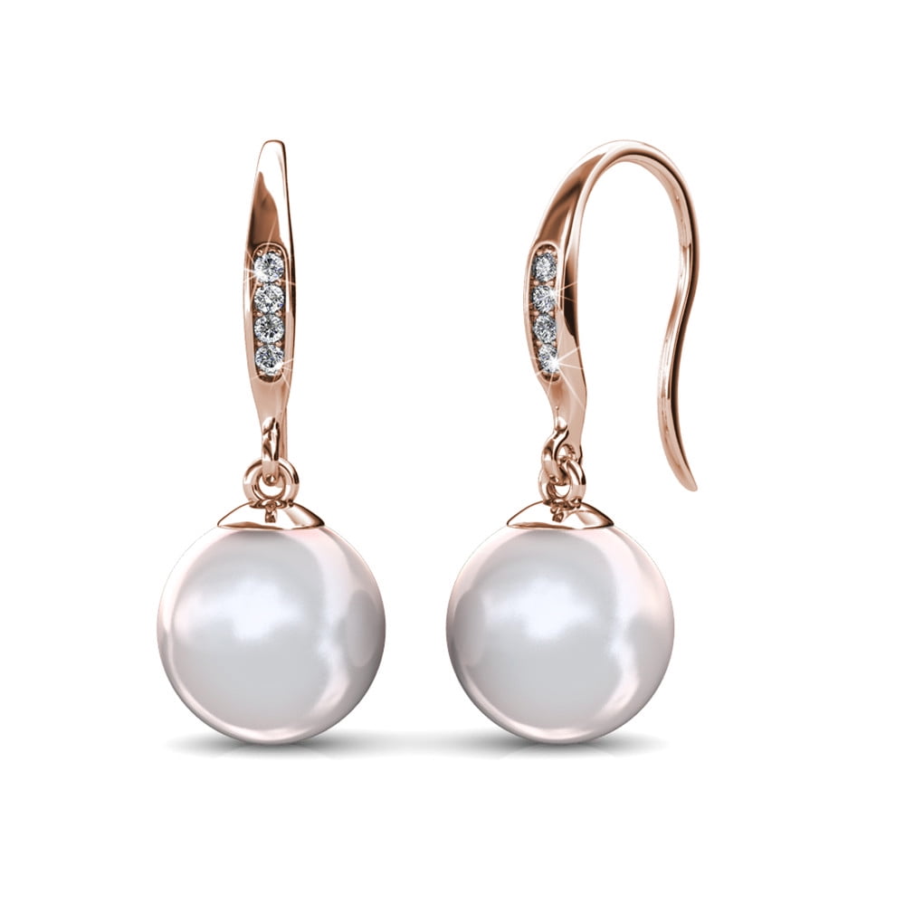 Cate & Chloe Betty 18K Rose Gold Freshwater Pearl Earrings with Swarovski Crystal, Beautiful Classic Pearl Drop Dangle Earrings, Women's Special Occasion - MSRP $136