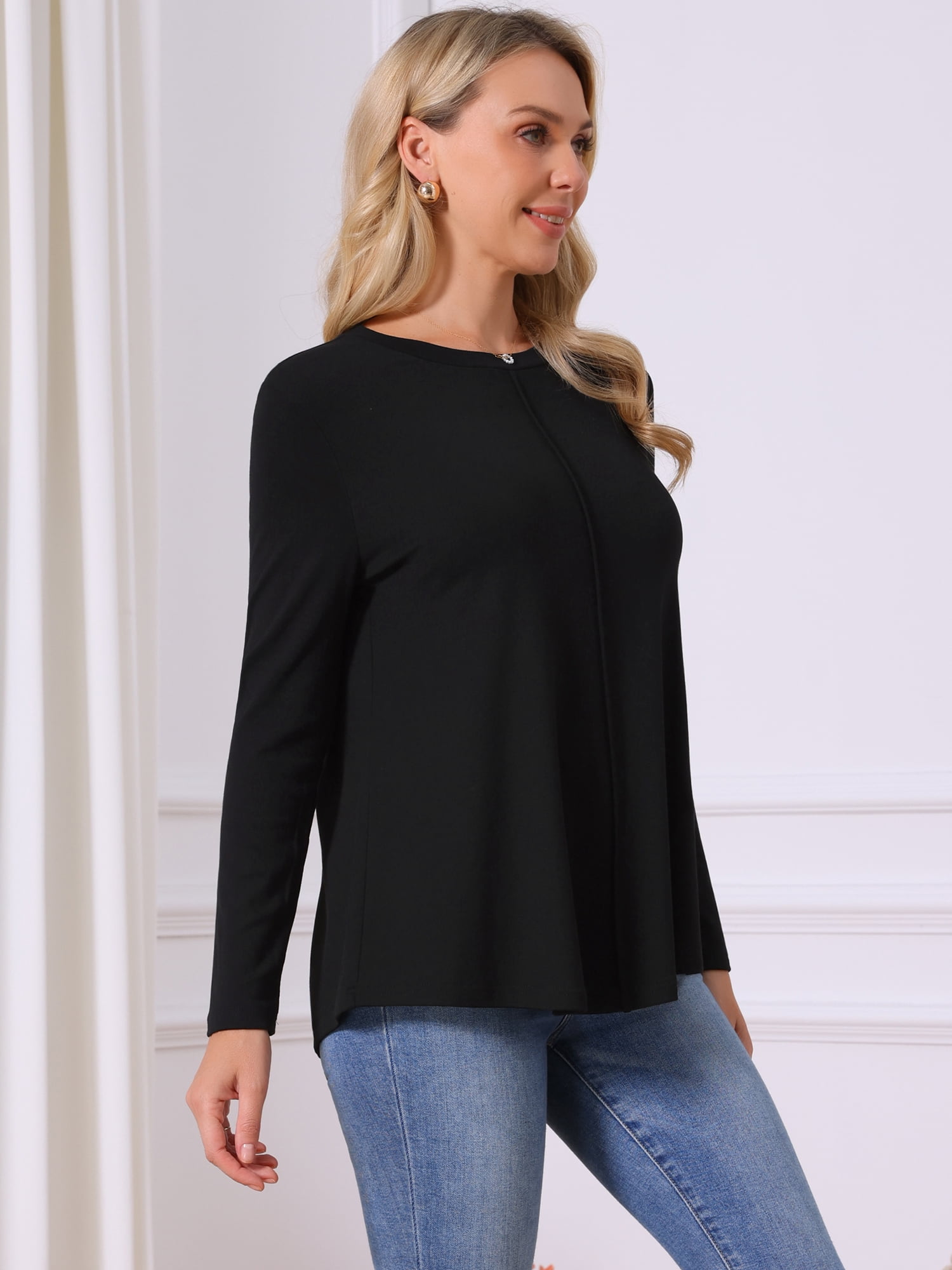 DARING DIVA Women's Long Sleeve Crewneck Babydoll Tunic Top M Black