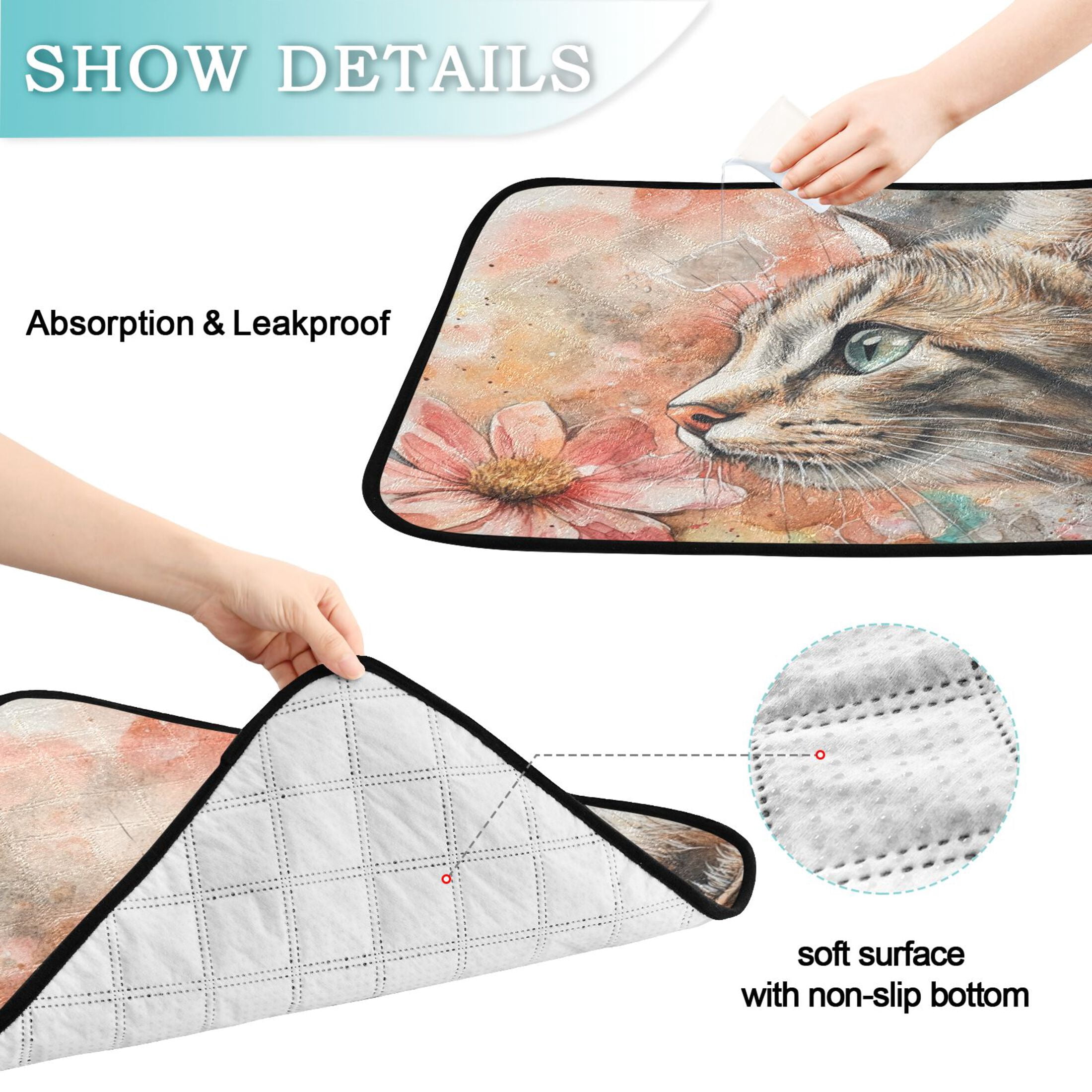 Qxltty Tabby with Flower Cat litter Pads Pet Set of 2 Diaper Mats Center Anti-leakage Layer Absorbent Soft and Comfortable