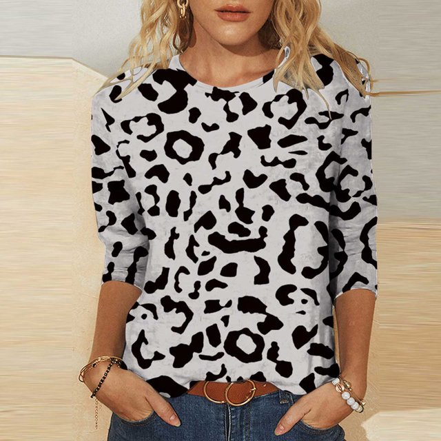 Hauts Décontractés pour Femmes Mode T-shirt Imprimé Manches 3/4 Blouse Col Rond Hauts Décontractés Hauts pour Femmes Tendance en Liquidation