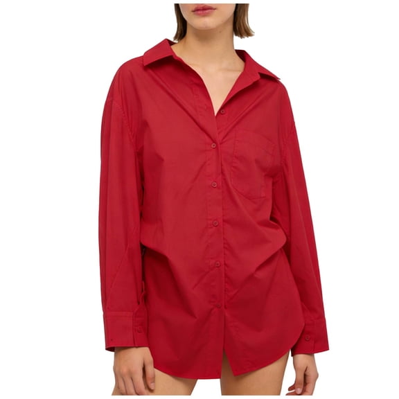 FRSASU Women's Button Down Shirts Long Sleeve Lapel Collar Blouses Side Pleated Casual Spring Dressy Tops Red